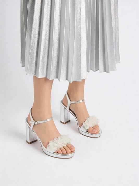 Women’s Silver Floral Block Heel Sandals – Elegant Party Platform Heels
