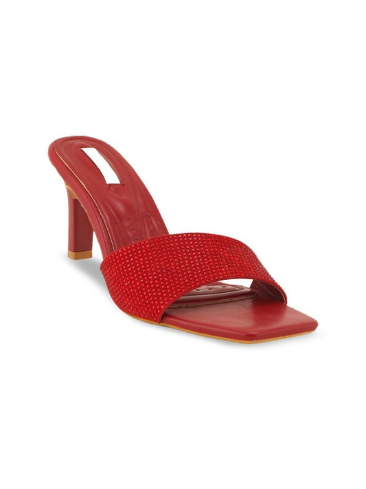 Women’s Red Rhinestone Mule Heels – Open Toe Party Slip-On Sandals