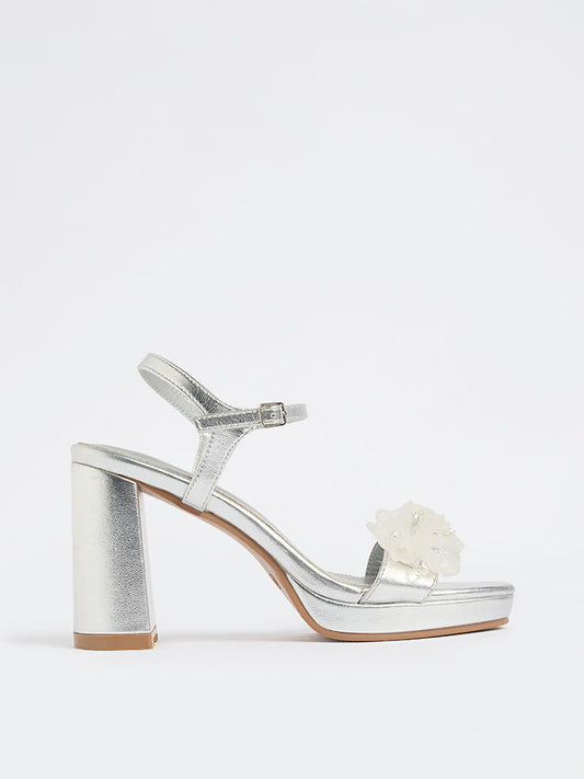 Women’s Silver Floral Block Heel Sandals – Elegant Party Platform Heels
