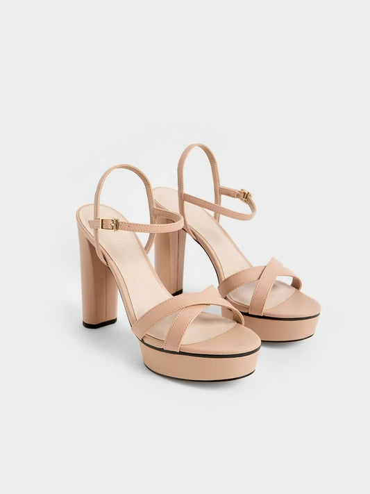 Women’s Nude Platform Block Heels – Ankle Strap High Heel Sandals