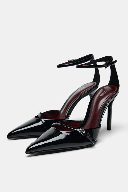 Women’s Black Patent Leather Stiletto Heels – Pointed Toe Ankle Strap Pumps