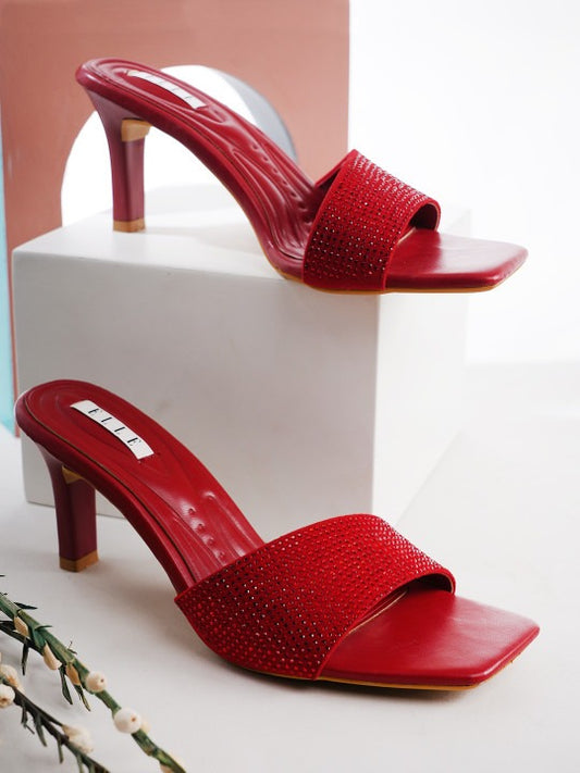 Women’s Red Rhinestone Mule Heels – Open Toe Party Slip-On Sandals