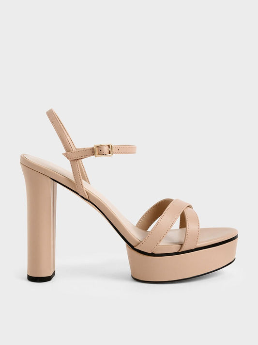 Women’s Nude Platform Block Heels – Ankle Strap High Heel Sandals